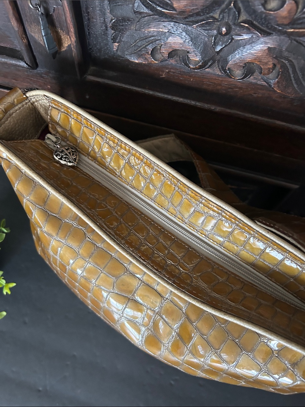 Vintage Brighton Croc-Embossed Leather Hobo Bag in Mustard Brown - Picture 8 of 14
